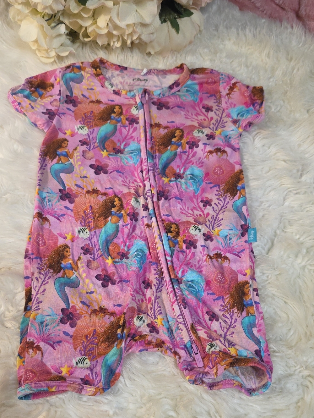 Disney Pink Black Ariel Mermaid Print Kids One-Piece Shorty Romper